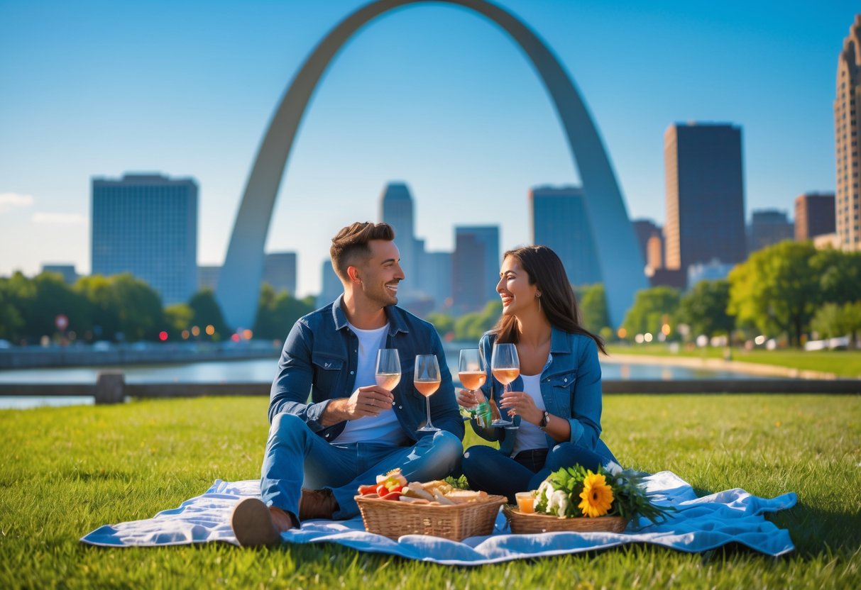 A young couple enjoying a picnic near the Gateway Arch in St. Louis on a sunny day.