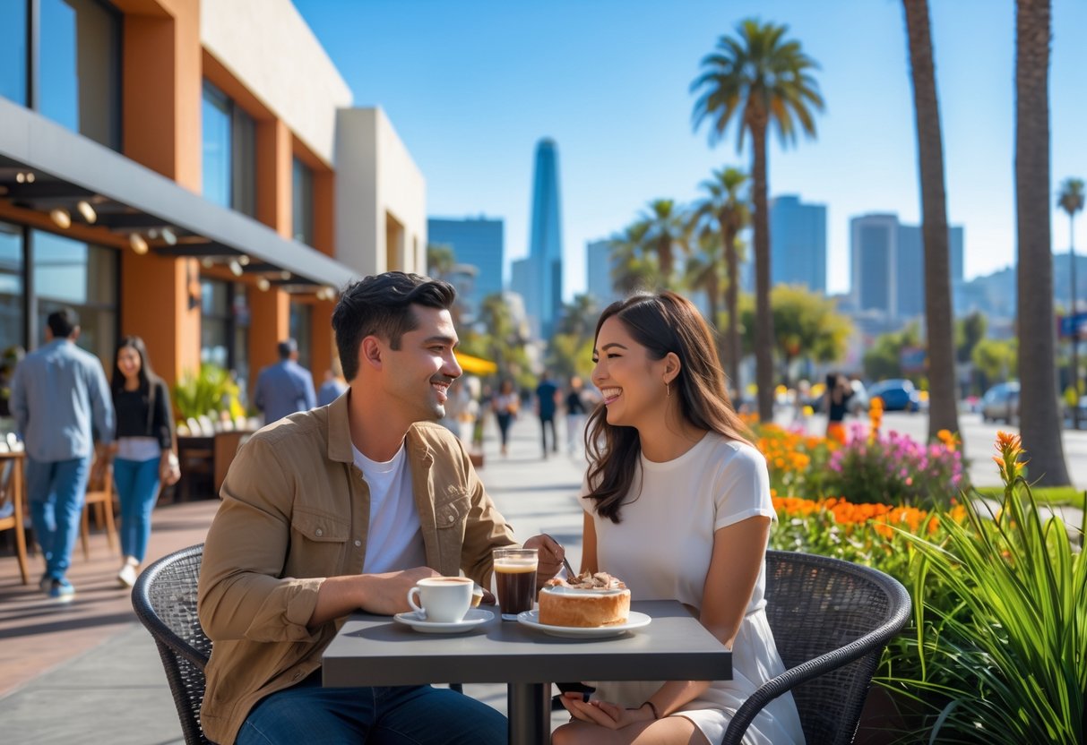 A young couple sitting at an outdoor cafe in San Jose, smiling and enjoying coffee with the city skyline and palm trees in the background.