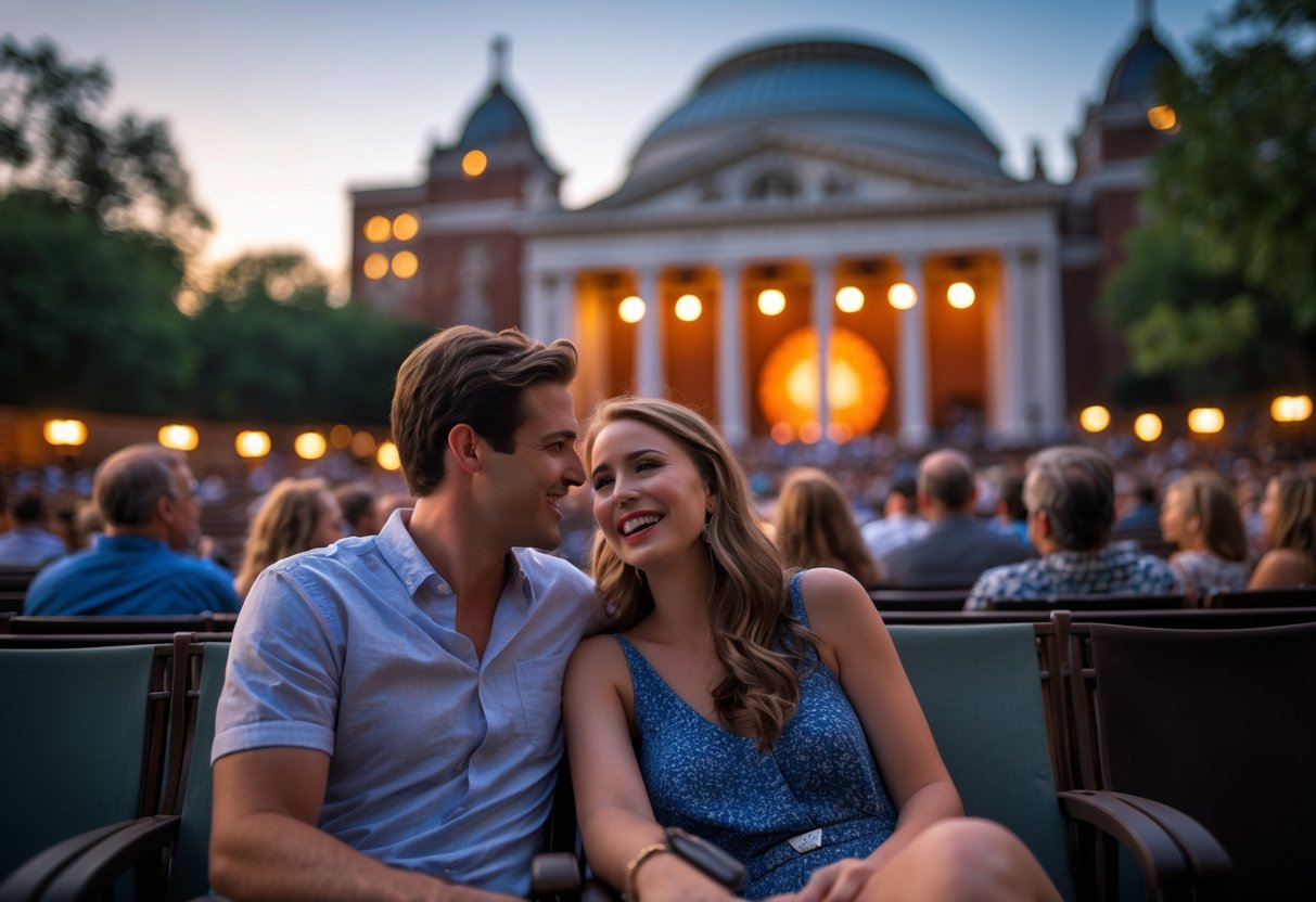 A young couple enjoying a live outdoor theater performance at The Muny amphitheater in St. Louis during the evening.