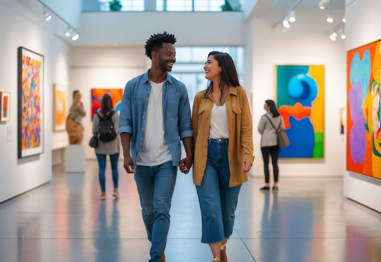 A young couple walking hand in hand inside an art museum, looking at colorful paintings and sculptures.