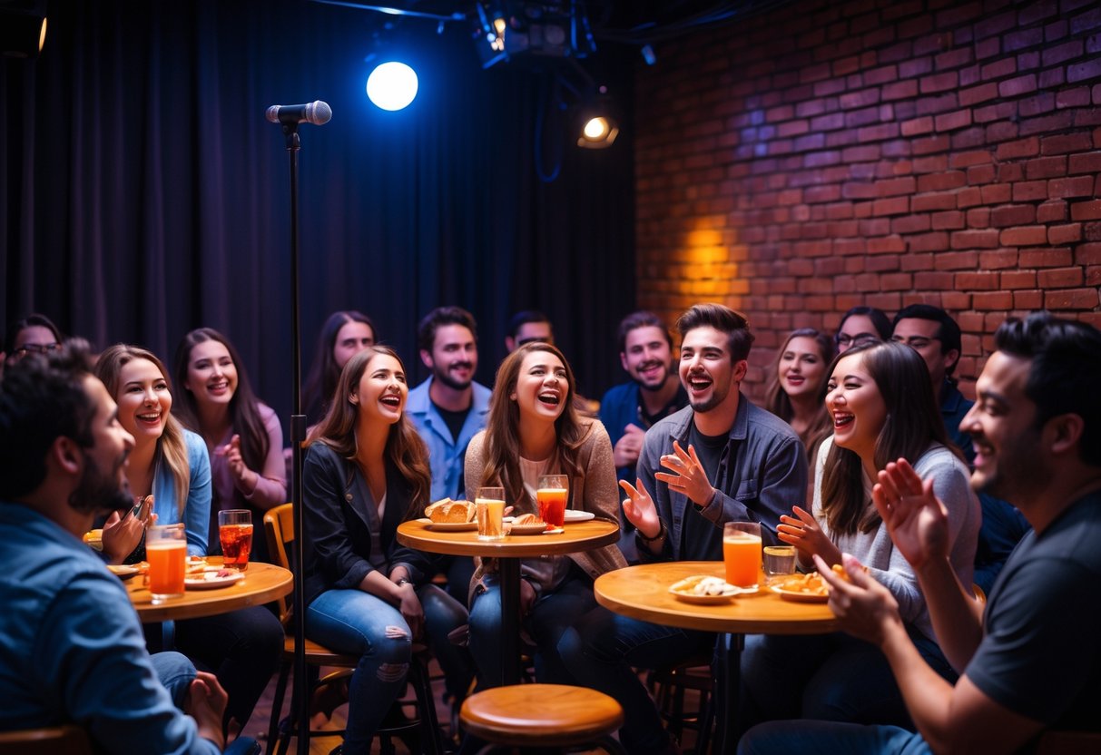People laughing and enjoying a comedy show inside a cozy club with a brick wall stage and warm lighting.