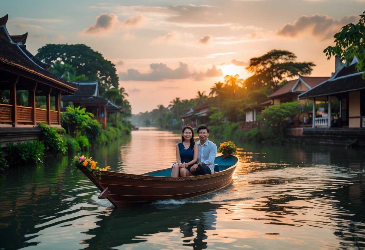 A young couple enjoying a romantic boat ride on a calm river surrounded by greenery and traditional buildings at sunset.