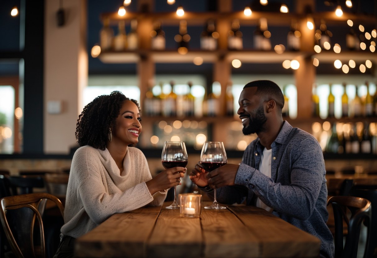 A couple enjoying wine together at a cozy table inside a warmly lit wine bar.