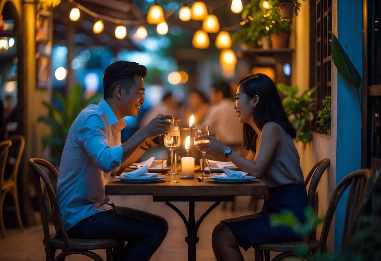 A couple having dinner at a small table in a cozy café with warm lighting and a relaxed atmosphere.
