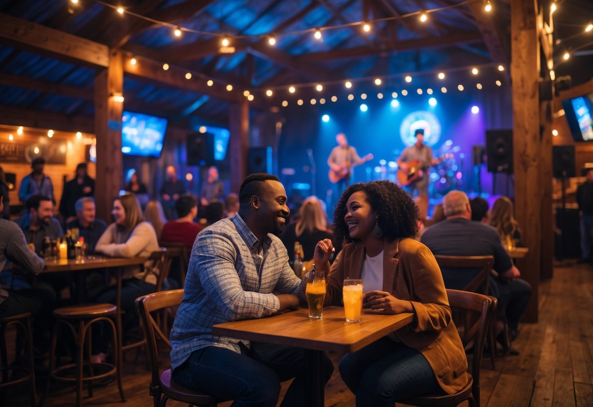 A couple enjoying live music at a busy indoor venue with a band performing on stage and people seated around them.