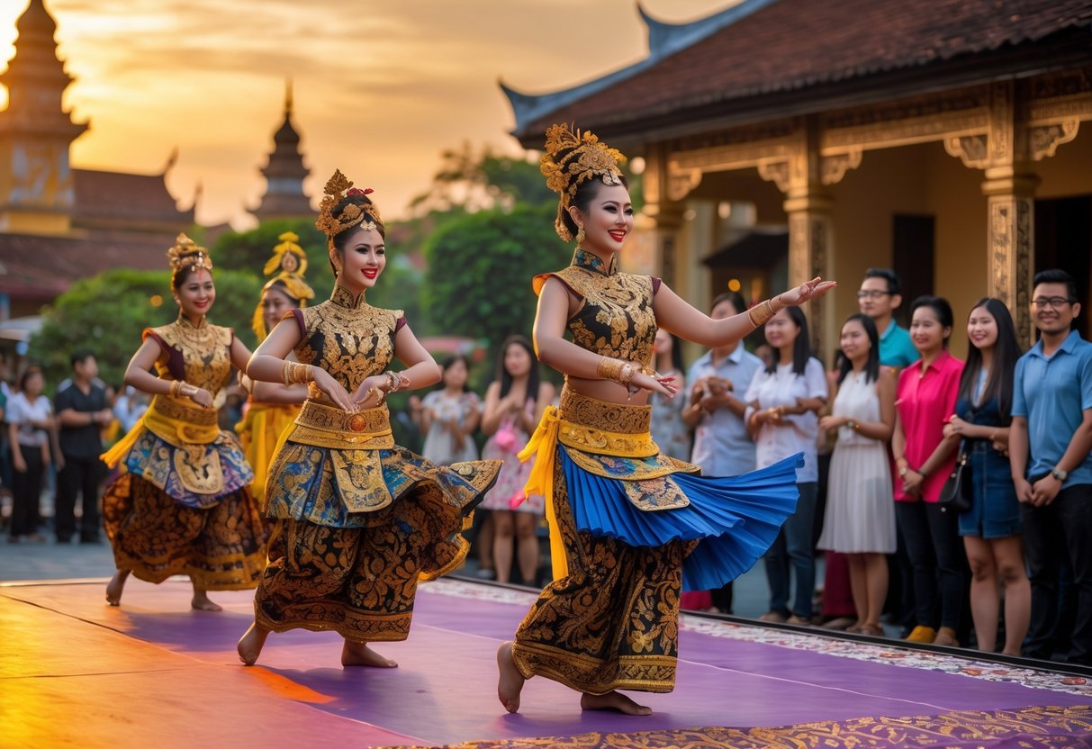 Traditional Indonesian dancers performing outdoors in colorful costumes with couples watching in the background.
