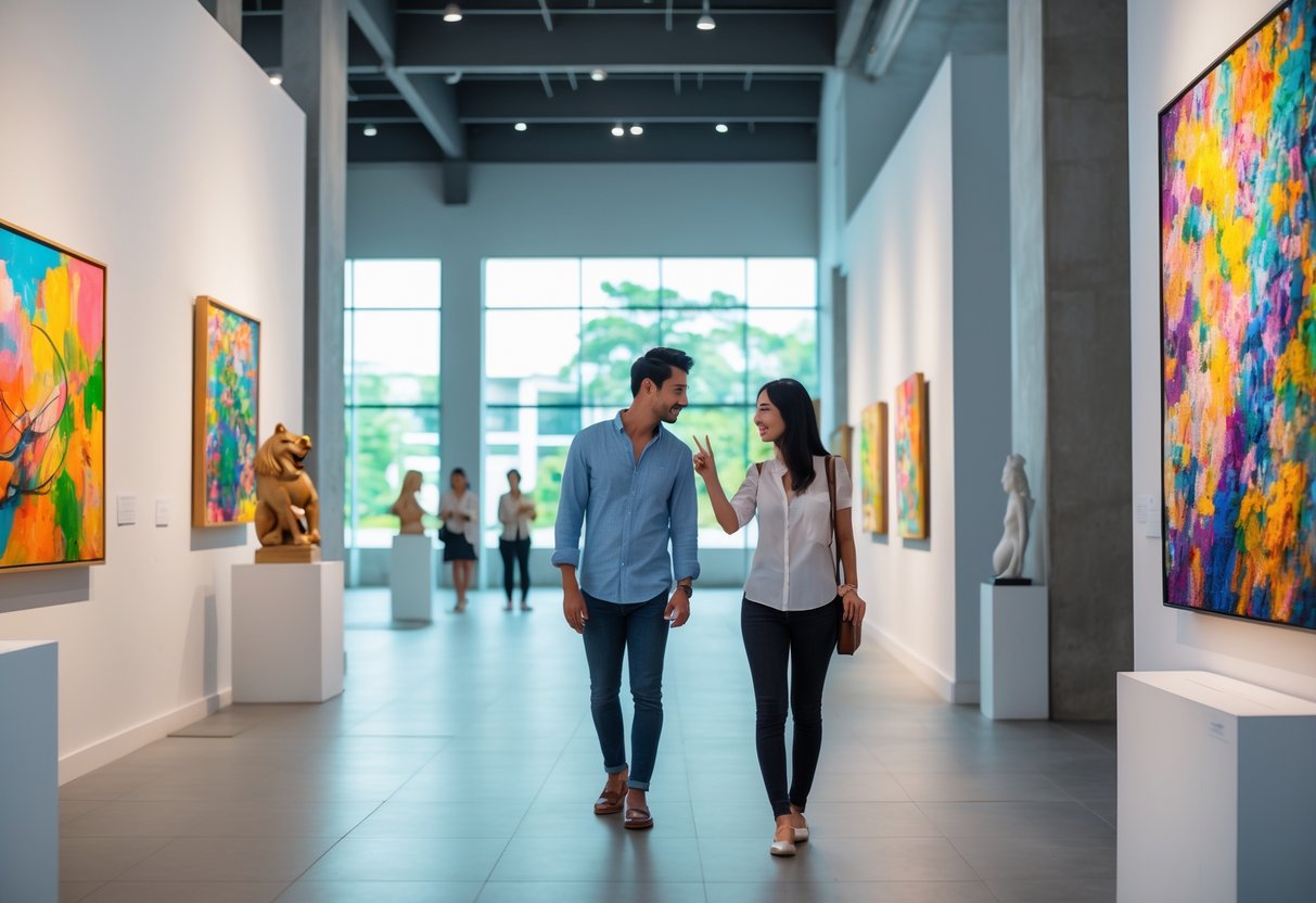 A couple admiring artwork inside a bright and modern art gallery with paintings and sculptures.