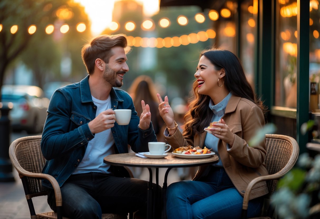 A young couple sitting at an outdoor cafe table, smiling and talking during a second date.