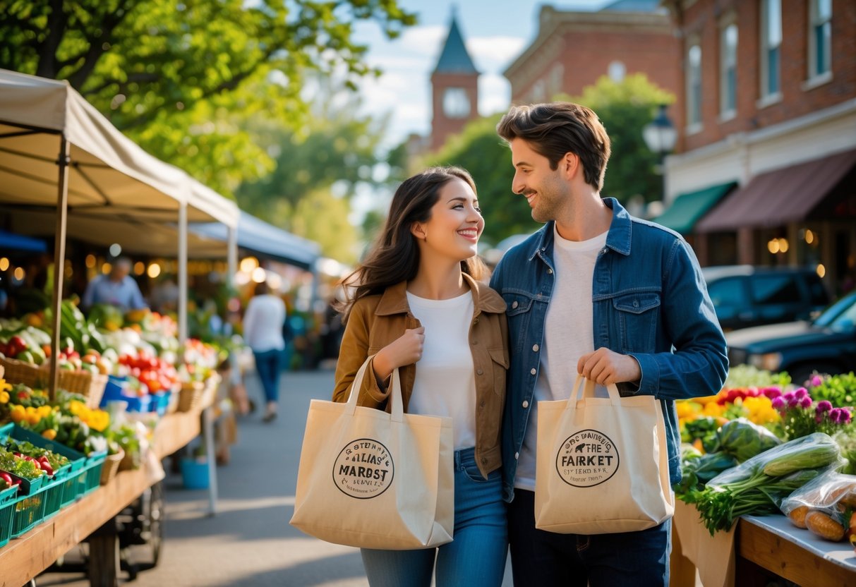A young couple smiling and shopping together at an outdoor farmers' market in a small town with trees and historic buildings in the background.