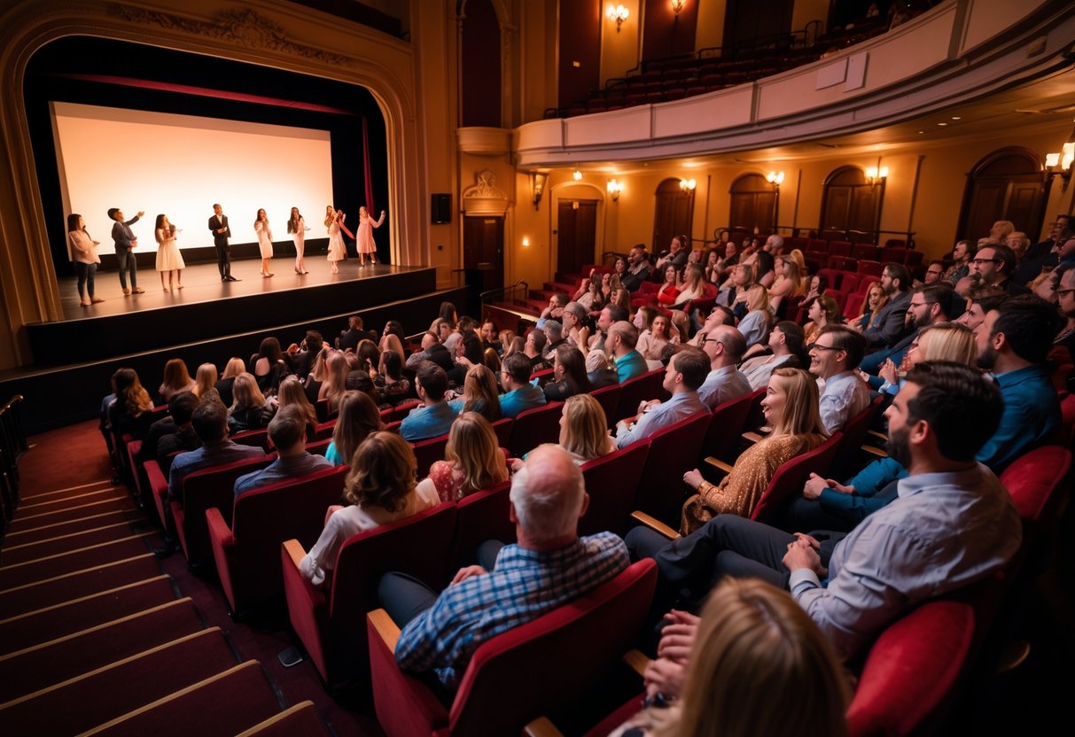 Audience watching a live performance on stage inside a warmly lit theater with couples and groups enjoying the show.