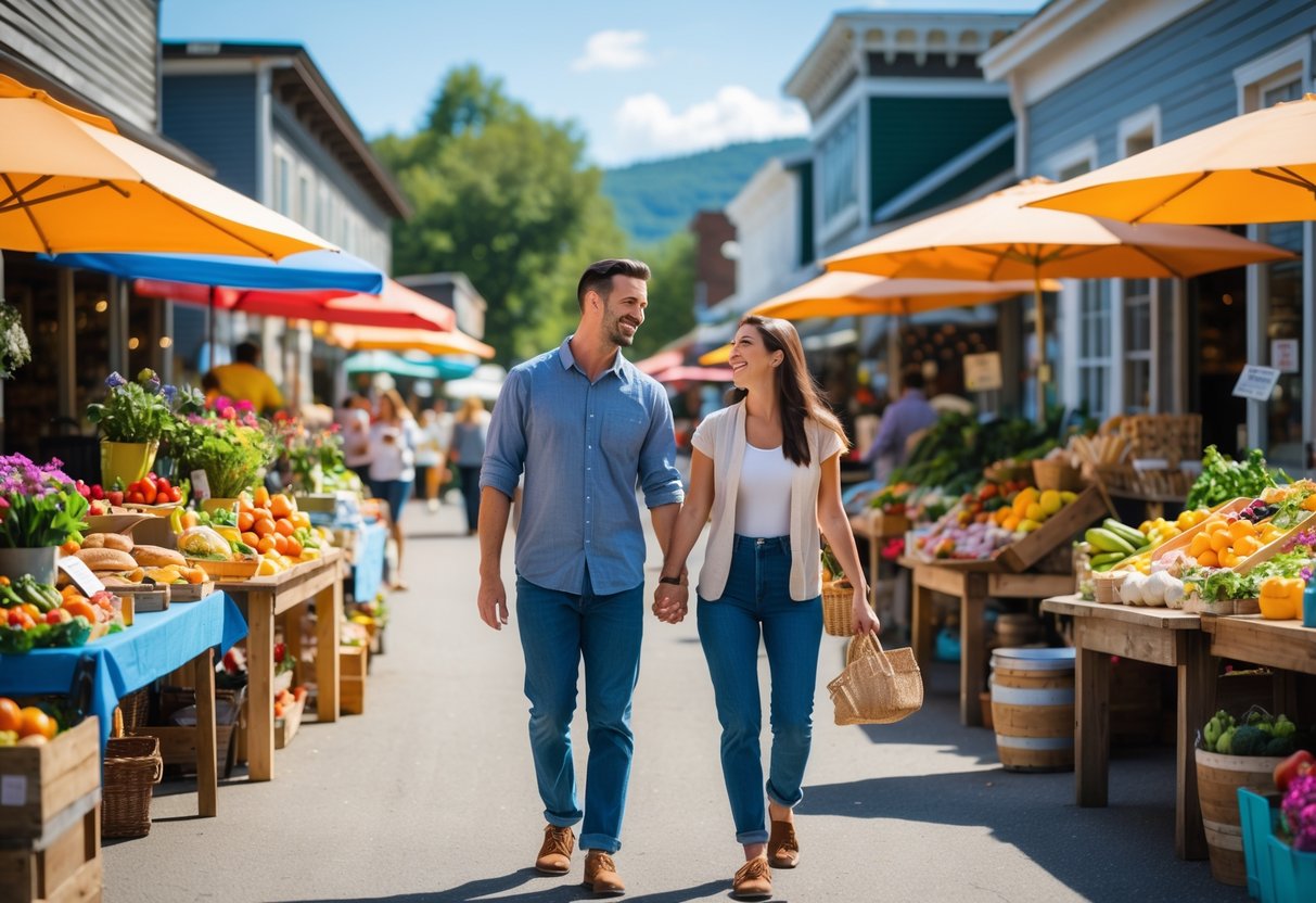 A couple walking hand in hand through a busy outdoor farmers' market with colorful produce and market stalls around them.