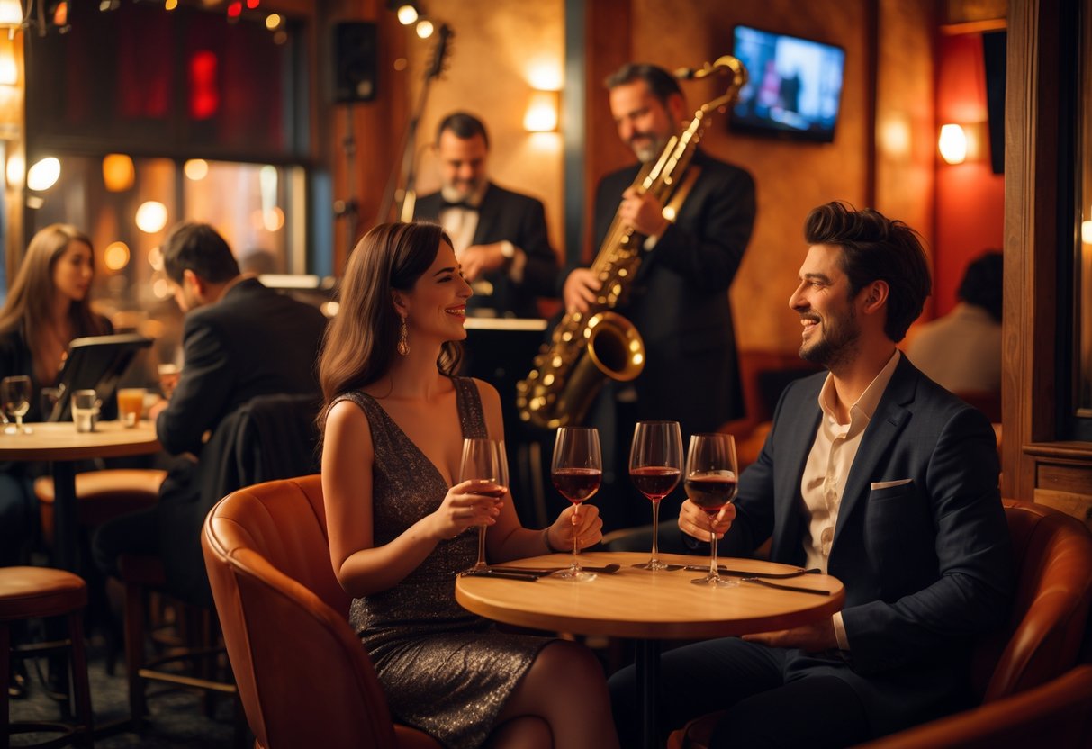 A young couple enjoying a live jazz performance at a cozy club, sitting together at a table with drinks while musicians play on stage.