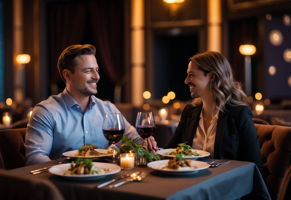 A couple enjoying a romantic dinner at a cozy table inside a theatre with warm lighting.