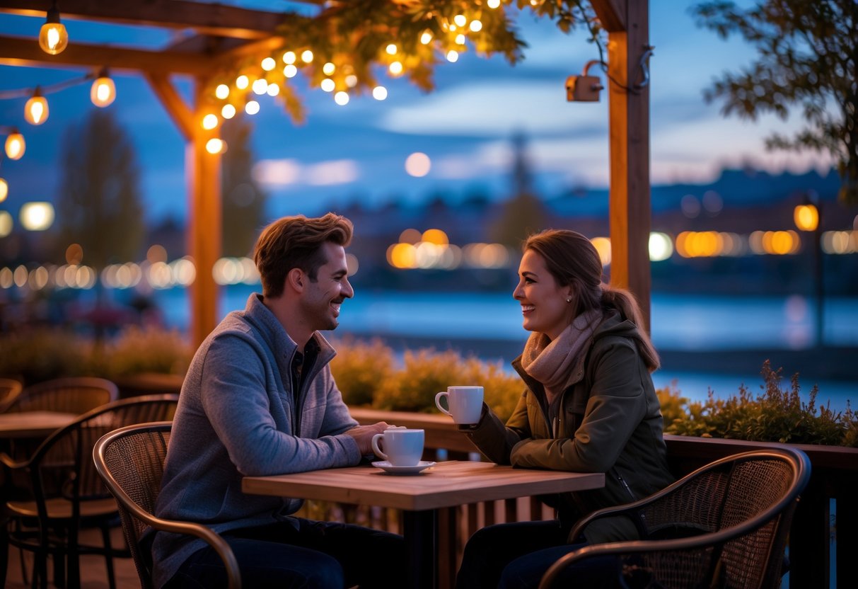 A young couple enjoying a cozy evening date at an outdoor café with warm lights and greenery around them.
