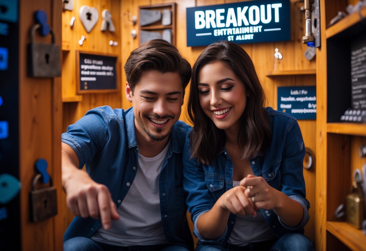 A young couple working together to solve a puzzle inside an escape room.