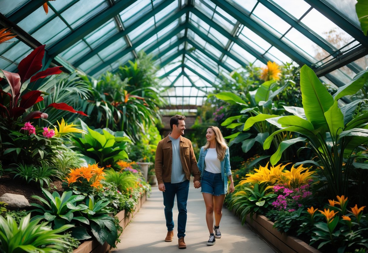 A young couple walking hand-in-hand inside a glass conservatory surrounded by tropical plants and flowers.