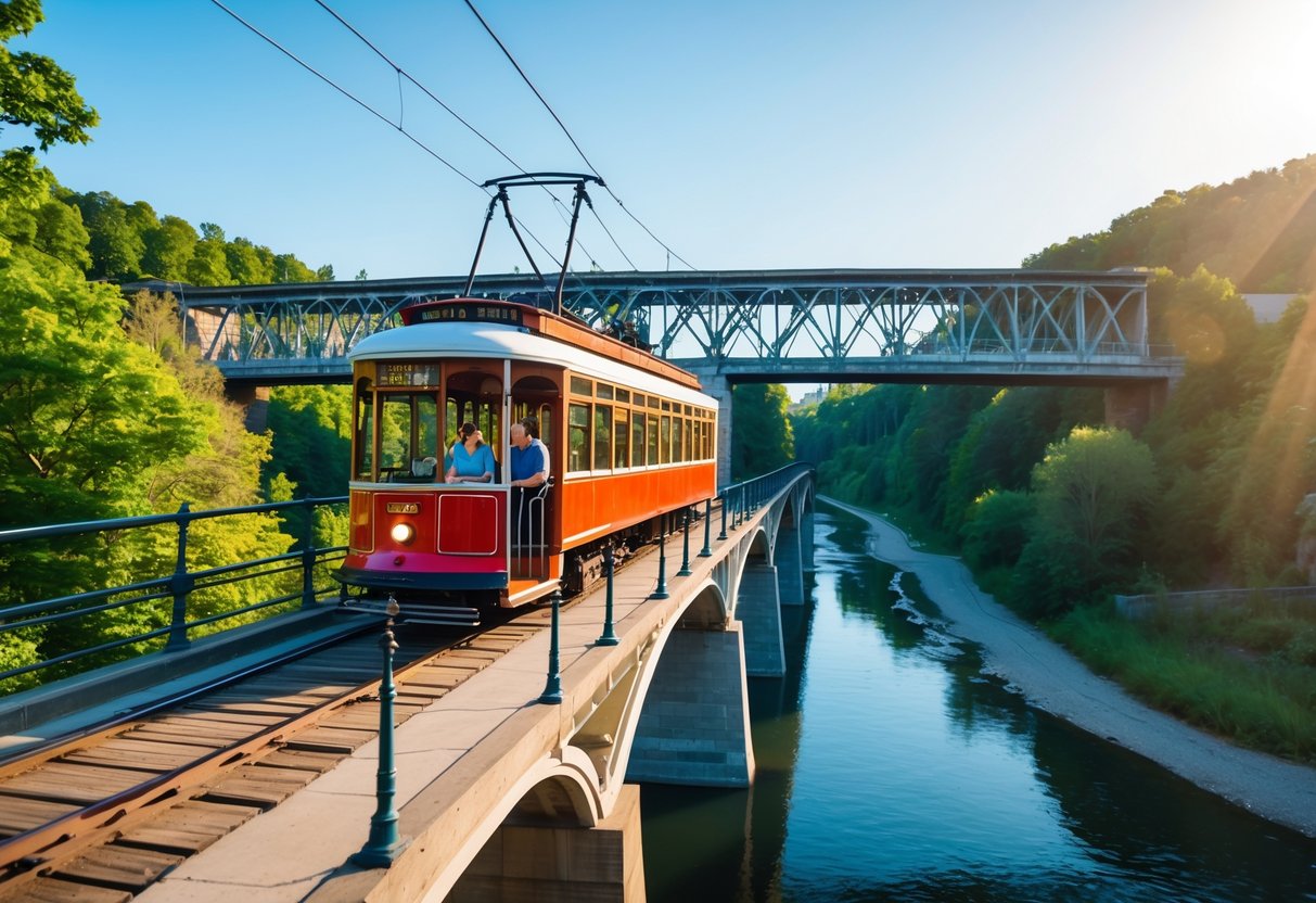 A red streetcar crossing a bridge over a river with trees and blue sky in the background.