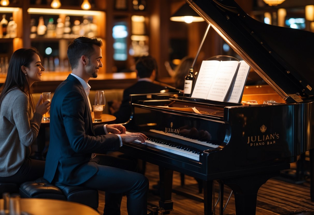 A couple enjoying drinks near a grand piano being played by a pianist in a warmly lit piano bar.