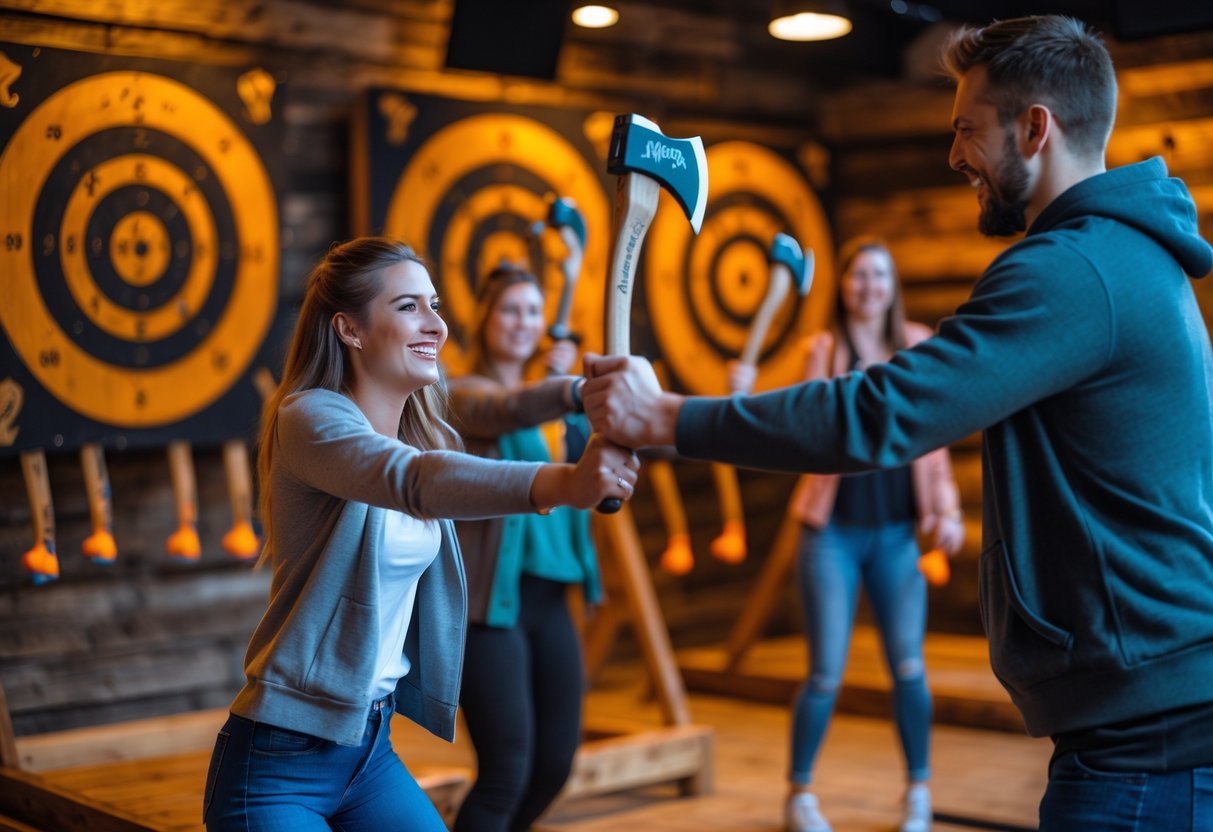 A young couple enjoying axe throwing together at an indoor venue with wooden targets.