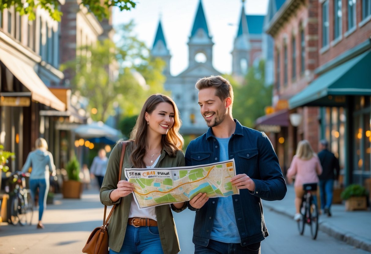A couple exploring city streets in St. Albert during a daytime scavenger hunt, holding a map and smartphone.
