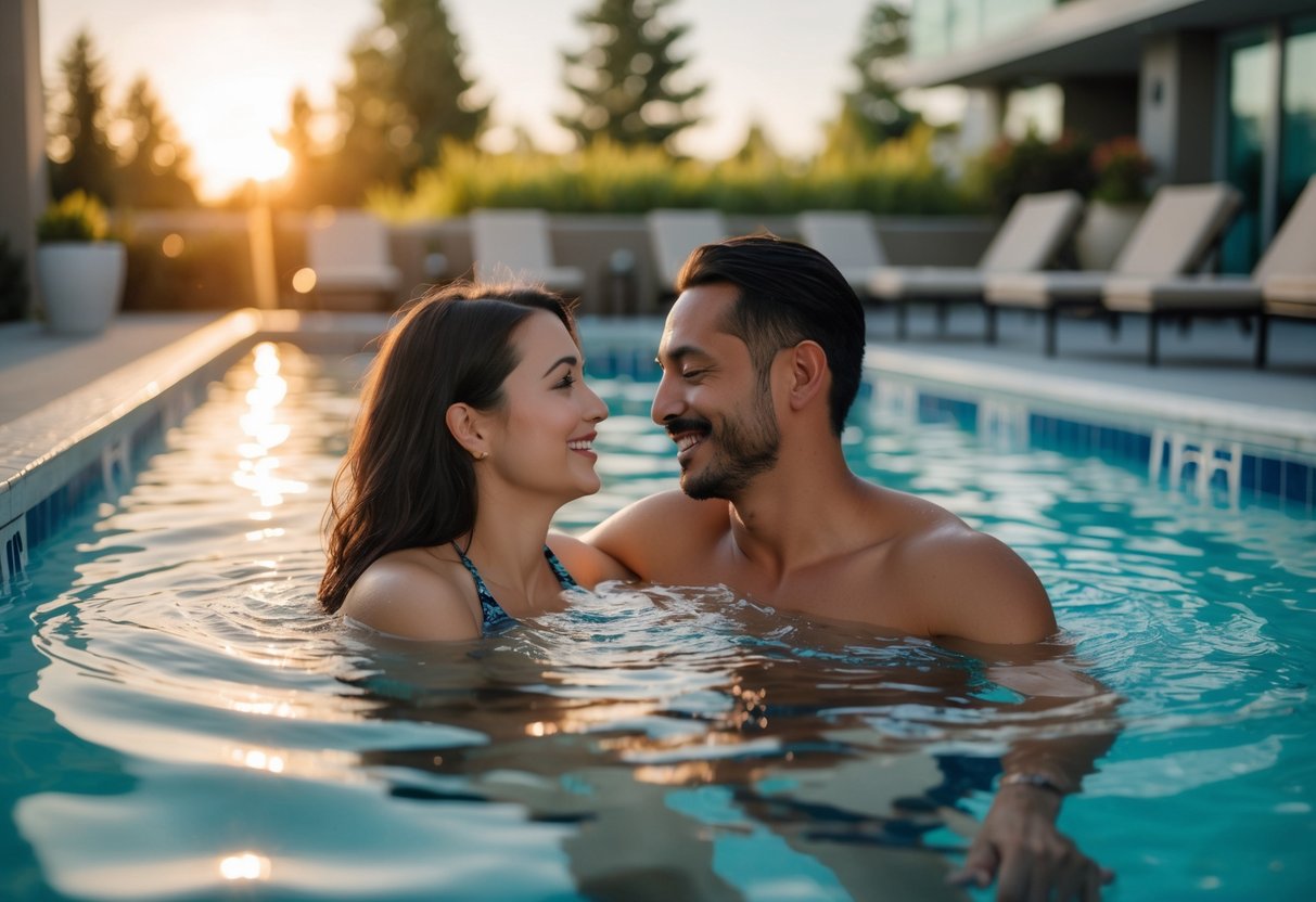 A couple swimming together in an adult-only pool, enjoying a peaceful moment.