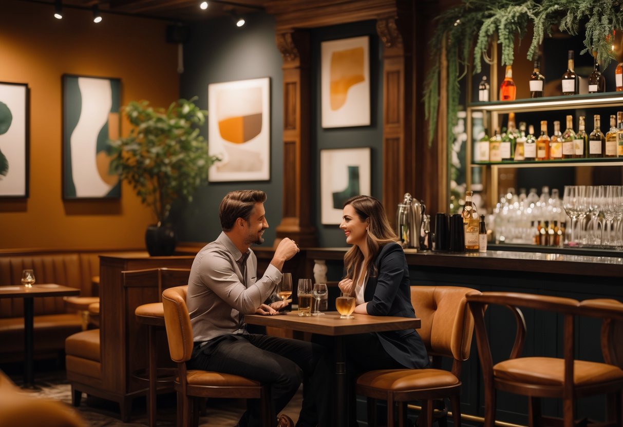 A young couple sitting at a small table in a warmly lit boutique gallery bar, surrounded by art and elegant decor.