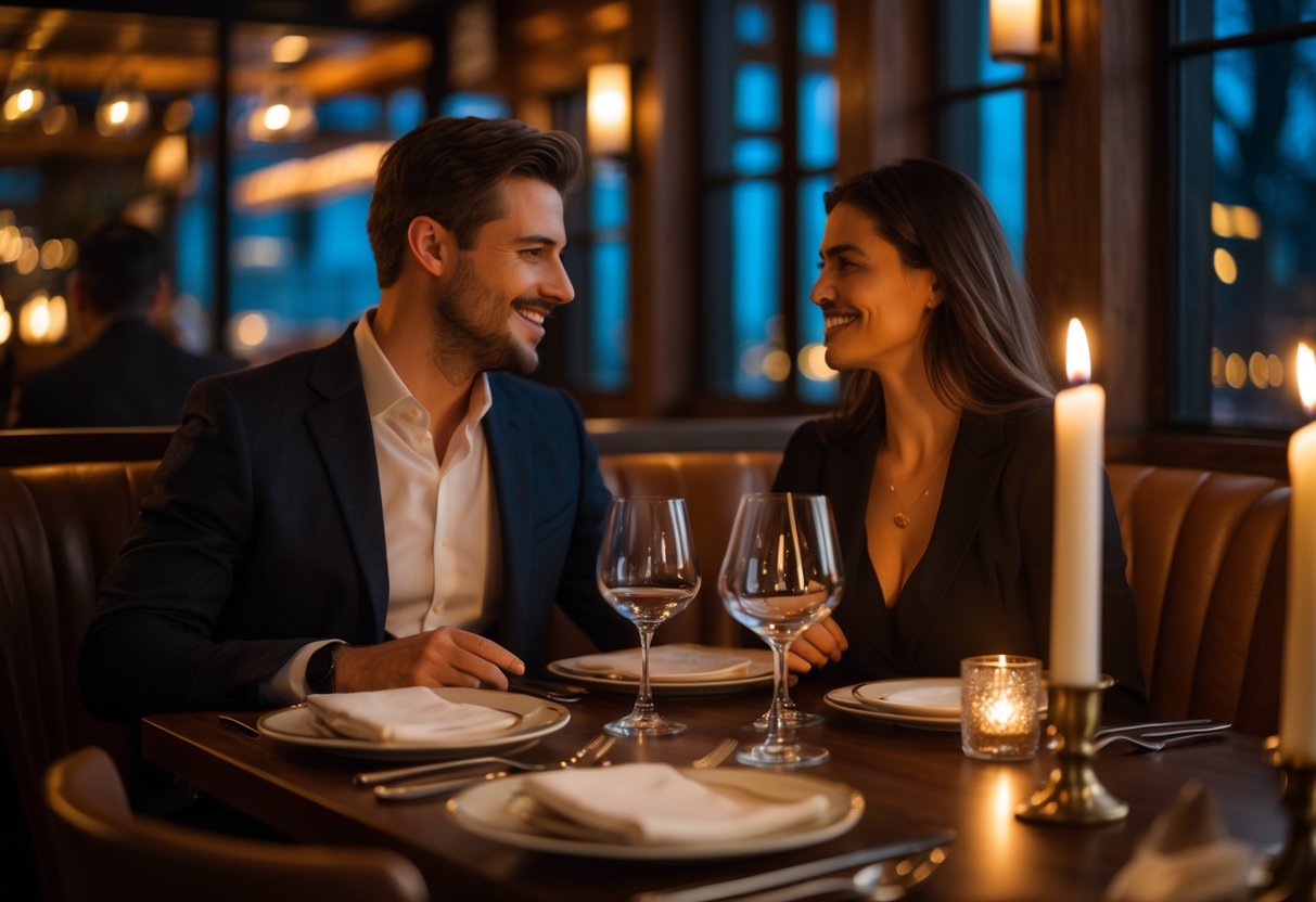 A couple enjoying a romantic dinner for two at a warmly lit restaurant table.