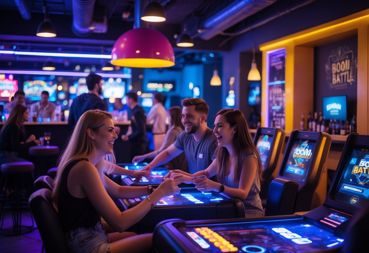 Young couples playing arcade games and enjoying a lively bar atmosphere during a date night.