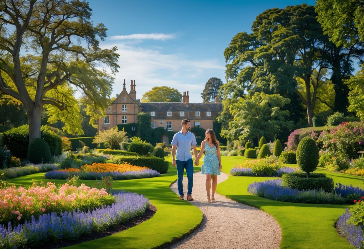 A couple walking along a garden path surrounded by colorful flowers and trees with a historic manor house in the background.