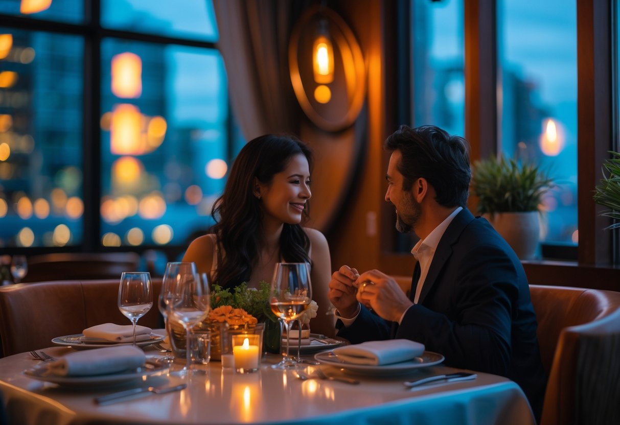 A couple enjoying an intimate dinner at a cozy restaurant table with candles and elegant tableware.