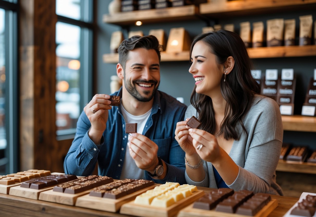 A couple tasting chocolates together inside a chocolate shop with shelves of chocolate in the background.