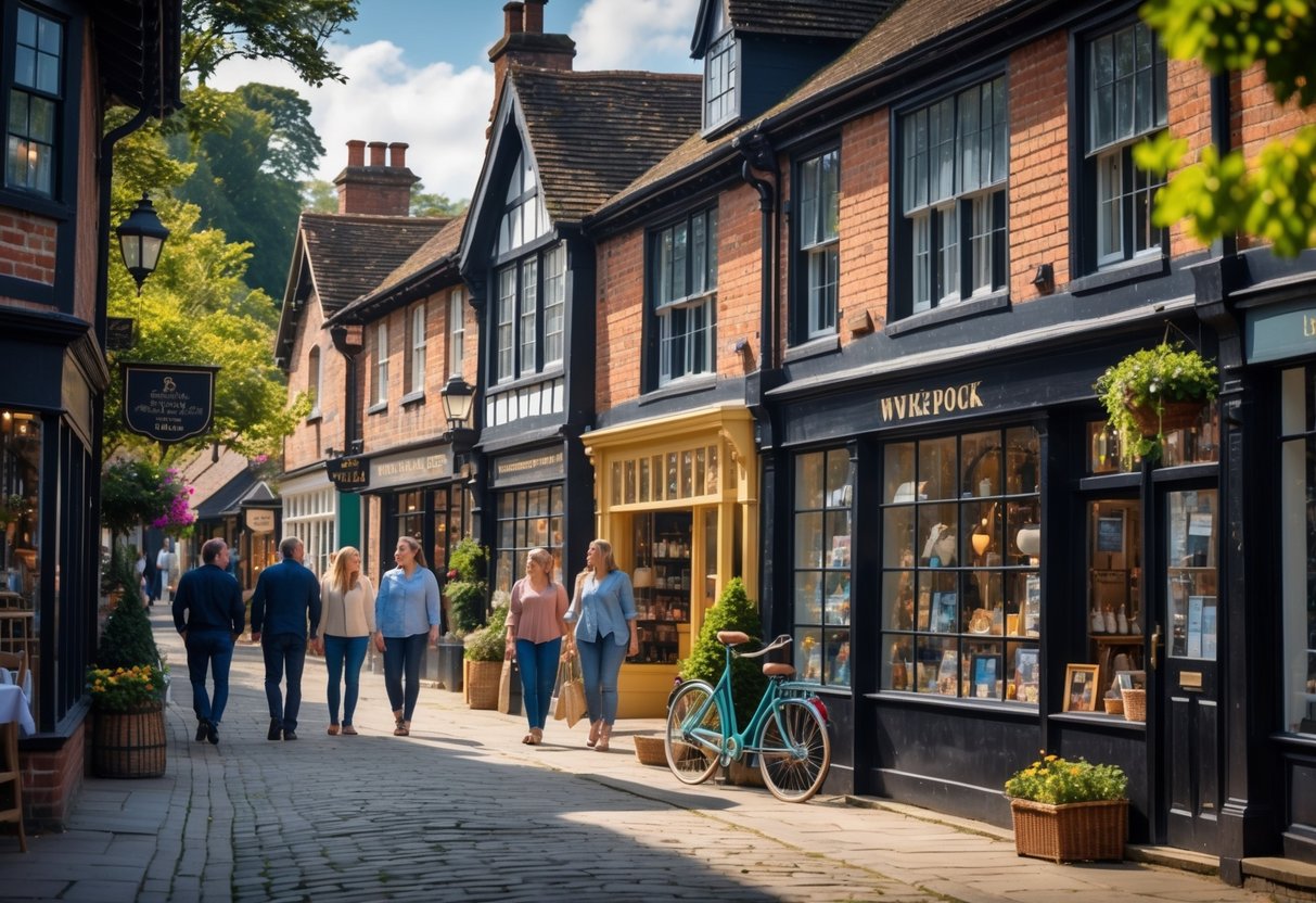People browsing vintage shops on a cobblestone street lined with historic buildings in Much Wenlock, Shropshire.