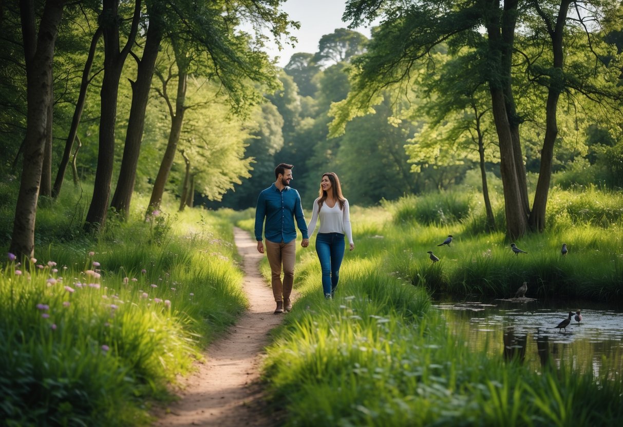 A couple walking hand-in-hand on a forest trail surrounded by trees, wildflowers, and a calm pond.