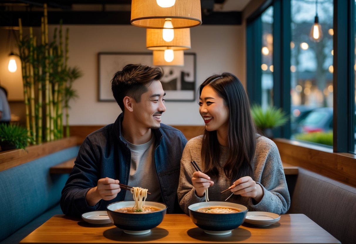 A young couple enjoying ramen together at a cozy restaurant table with warm lighting.
