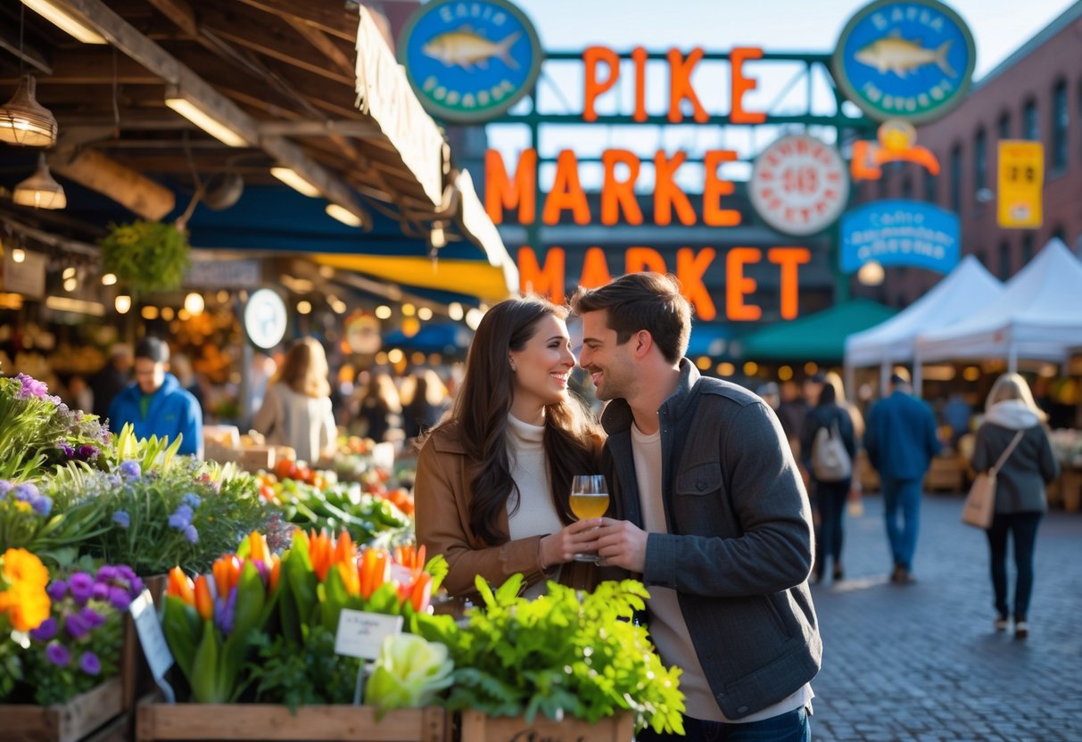 A young couple enjoying a date together among colorful market stalls at Pike Place Market in Seattle.