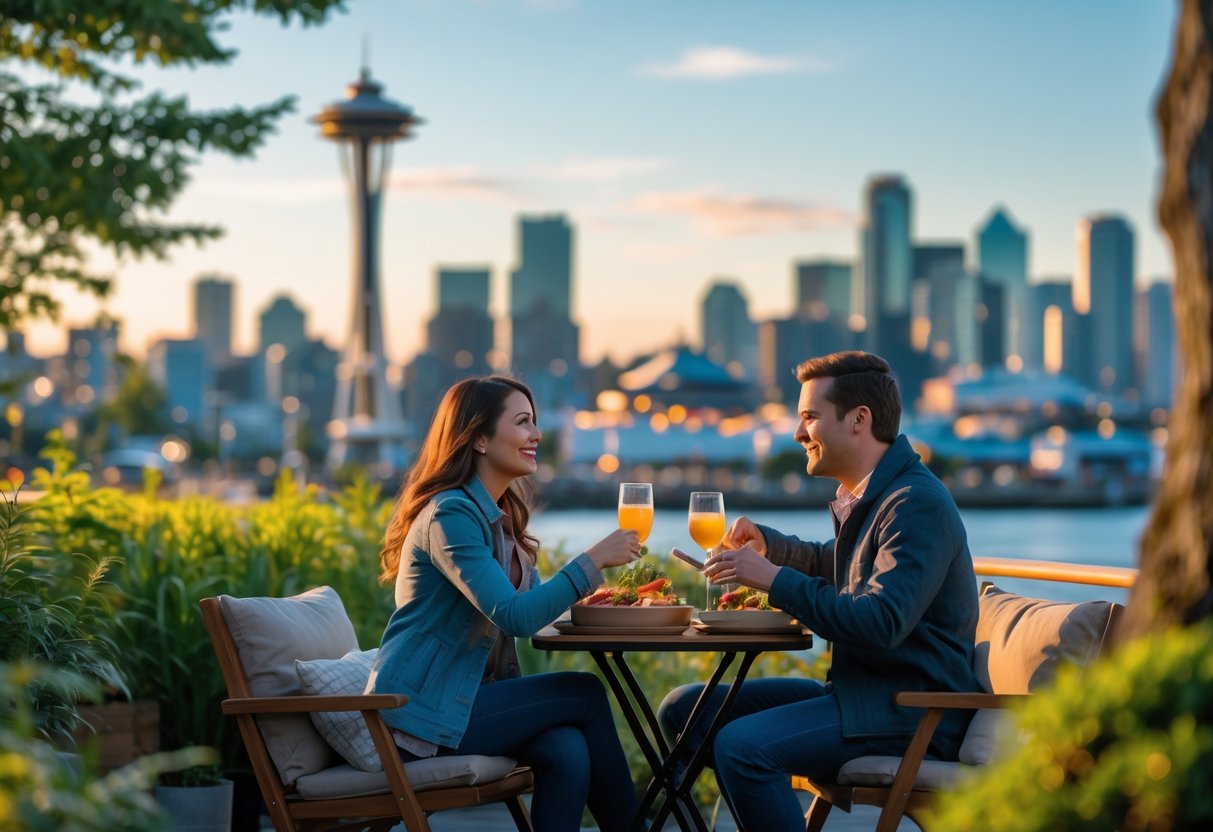 A couple enjoying a romantic outdoor date with the Seattle skyline and Space Needle in the background during sunset.