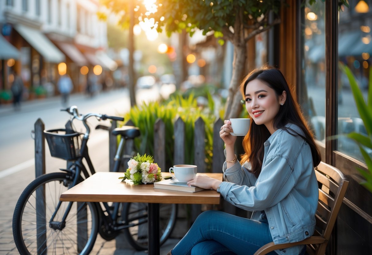 A young woman sitting alone at an outdoor café table, drinking coffee and reading a book on a sunny day.