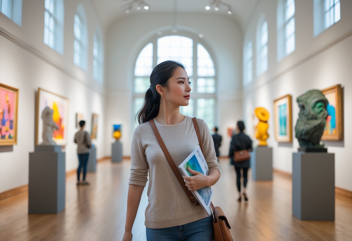 A young woman alone in an art museum gallery looking at paintings and sculptures.
