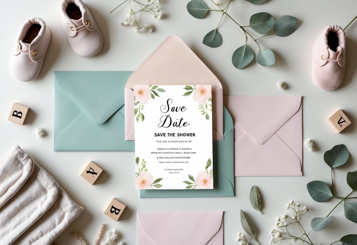 Flat lay of baby shower save the date cards surrounded by baby booties, wooden blocks, and floral decorations on a neutral background.