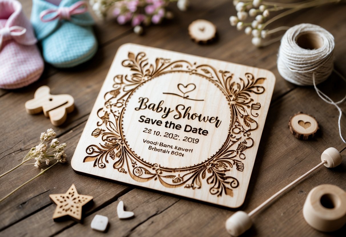 A baby shower save the date card with wood engraved designs placed on a wooden surface surrounded by baby booties, wooden toys, and dried flowers.