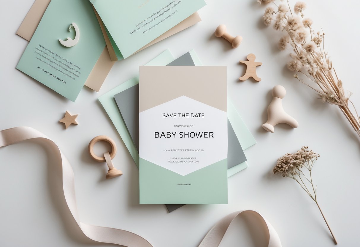 Flat lay of baby shower invitation cards with small wooden toys and dried flowers on a white surface.