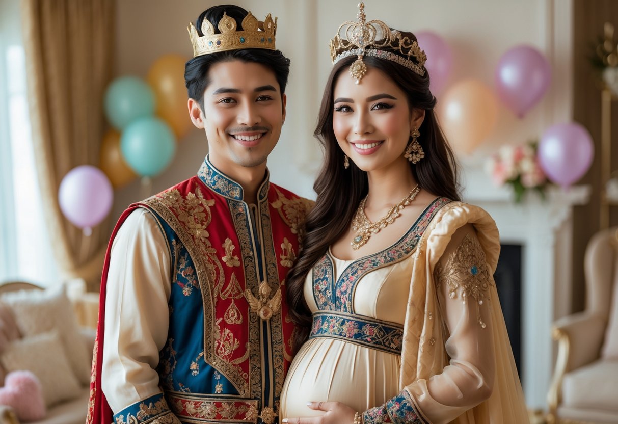 An expectant couple dressed in traditional royal attire standing together in a warmly decorated room with baby shower decorations.