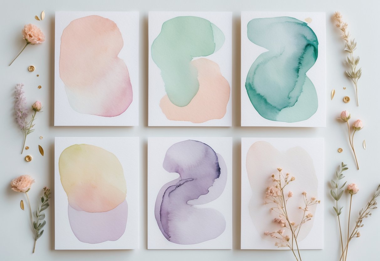 A collection of pastel-colored watercolor cards with abstract patterns arranged on a light surface alongside small flowers and greenery.