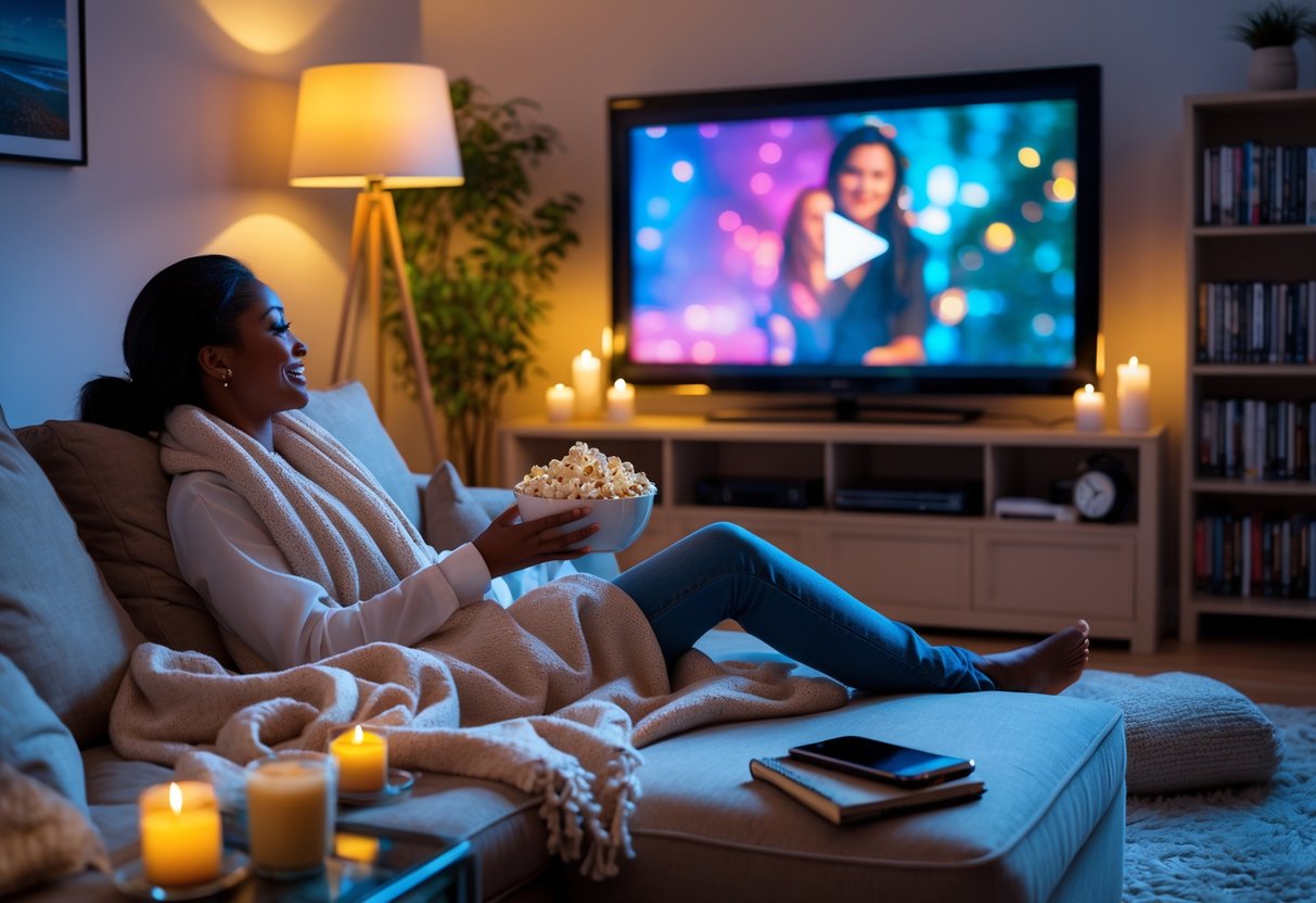 A person sitting alone on a sofa with a blanket, holding popcorn and watching a movie on a large TV in a cozy living room.