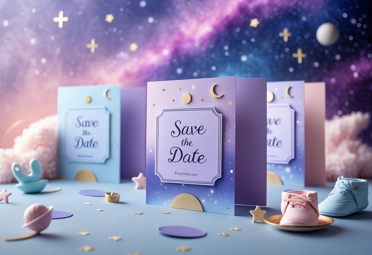 Close-up of baby shower save the date cards with pastel colors and celestial decorations on a galaxy-themed background.