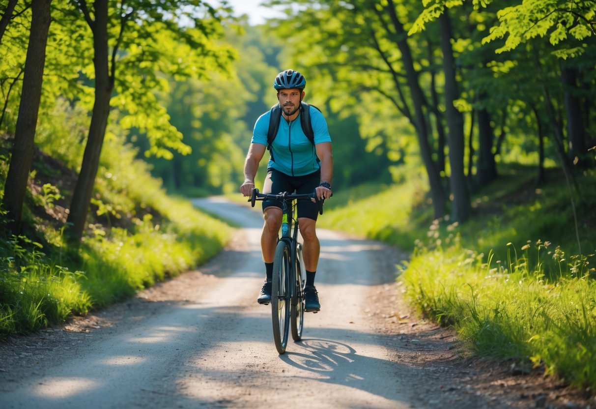 A person riding a bicycle alone on a tree-lined trail under a clear sky.
