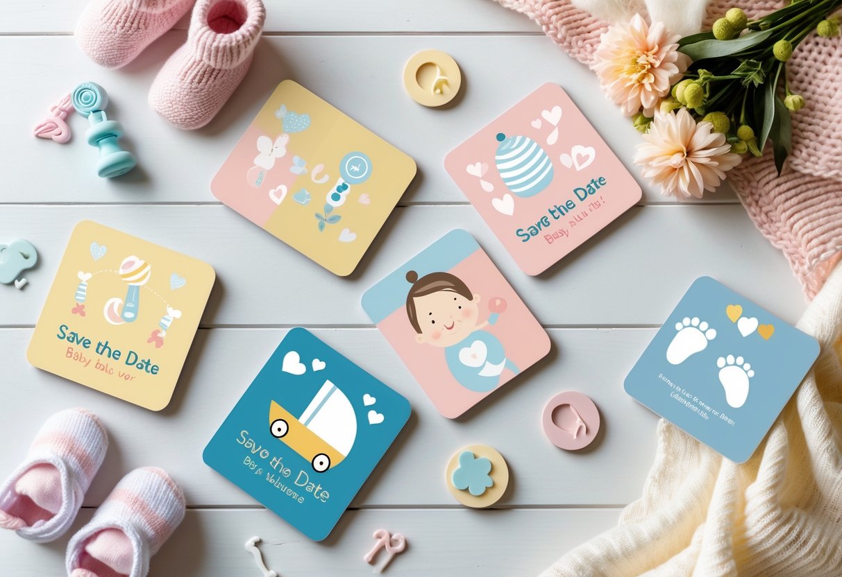 A collection of baby shower save the date photo magnet cards arranged on a wooden surface with baby-themed decorations and soft lighting.