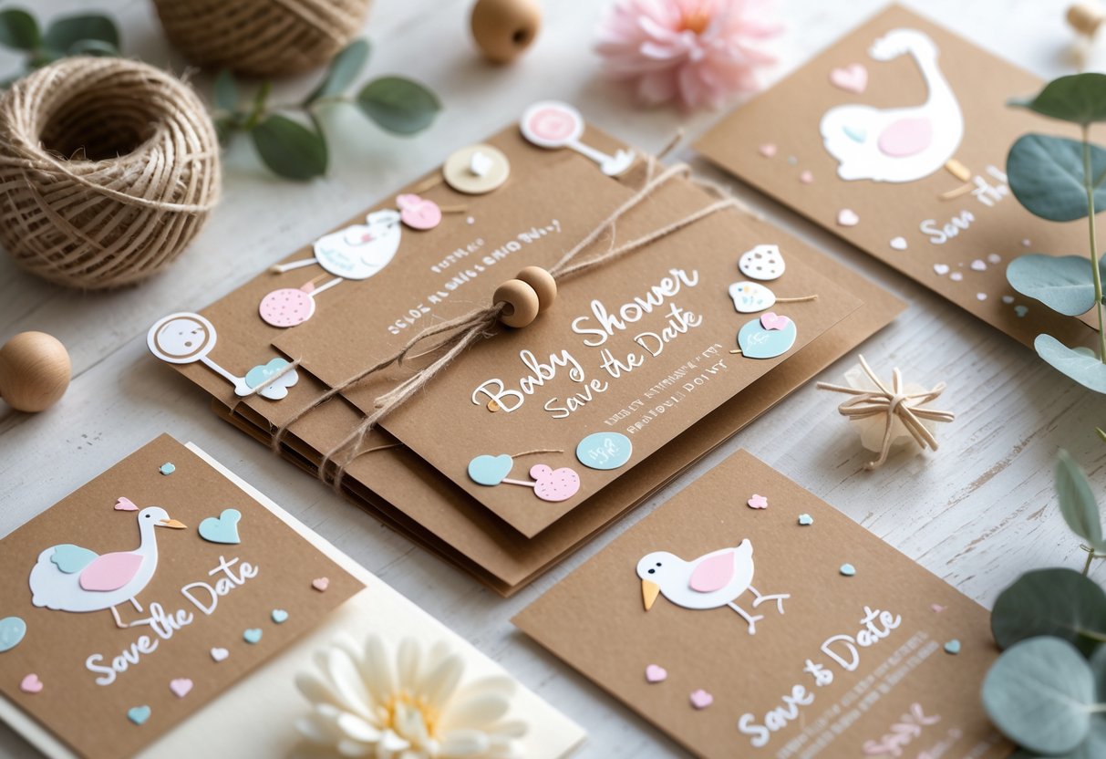 A collection of baby shower invitation cards with baby-themed decorations arranged on a wooden surface surrounded by natural elements.