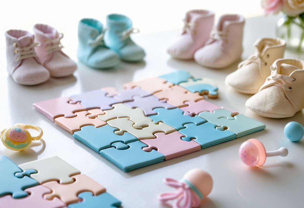 A close-up of colorful puzzle pieces and baby shower items arranged on a bright surface.