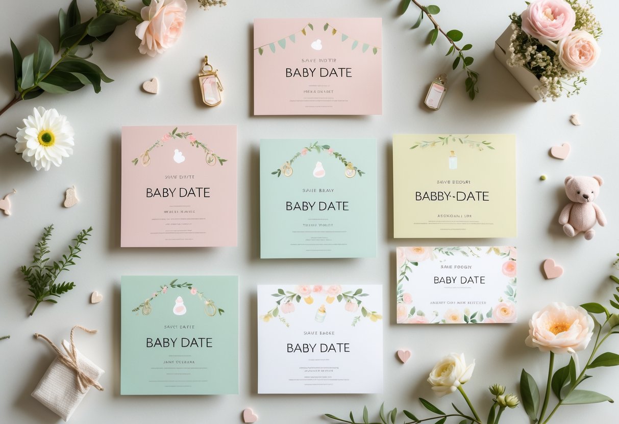 A set of baby shower save the date postcards arranged with flowers, greenery, and baby-themed decorations on a light surface.